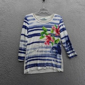 Desigual Beaded‎ 3/4 Sleeve Knit Top Large White Blue Pink Striped Floral Womens